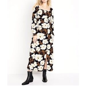 Old Navy XS Floral Square Neck Maxi Dress Black Brown Long Sleeve Dark Cottage